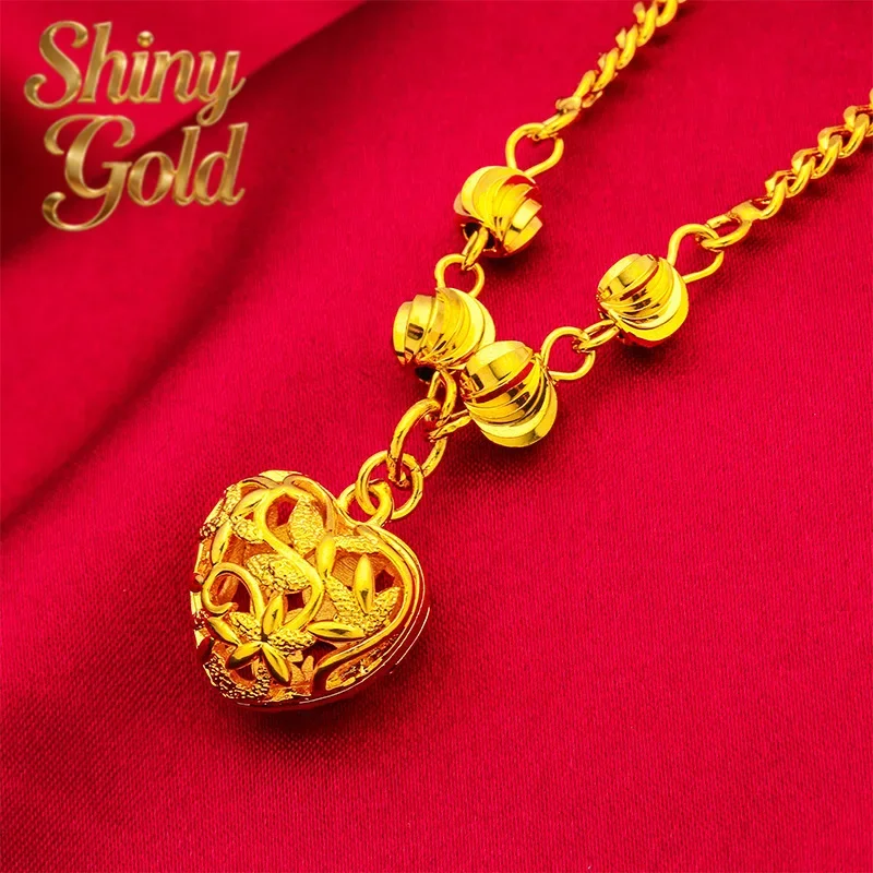 

Колье ShinyGoldHeart Hollow для женщин, 24-каратное золото, AU999 | Матовое золотое сердце с гравировкой и эмалью, классический дизайн в китайском стиле.