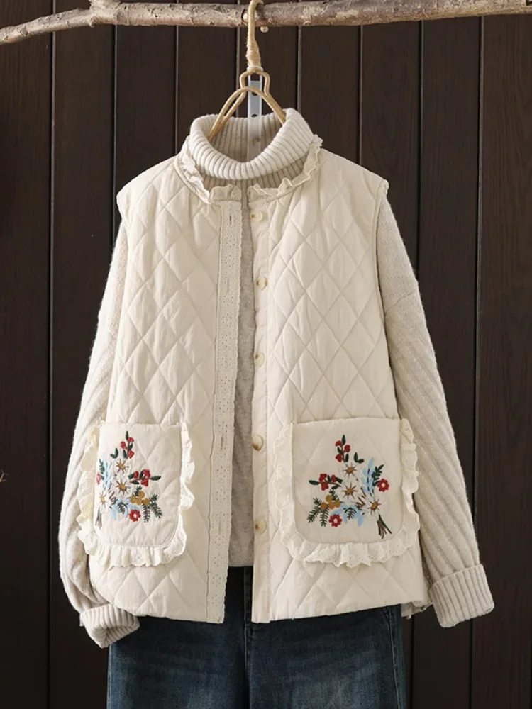 

Retro Embroidered Cotton Vest Women's Loose Casual Autumn Winter ort Jaet with ket Sweet Sle Faion Outerwear XQ223