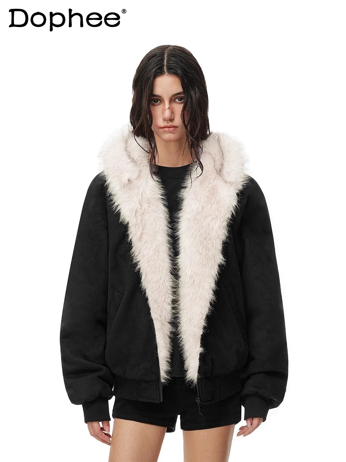 

Autumn Winter New Fashion Trend Faux Fur Hooded Jacket Unisex Thickened Couple American High Street Cotton Coat