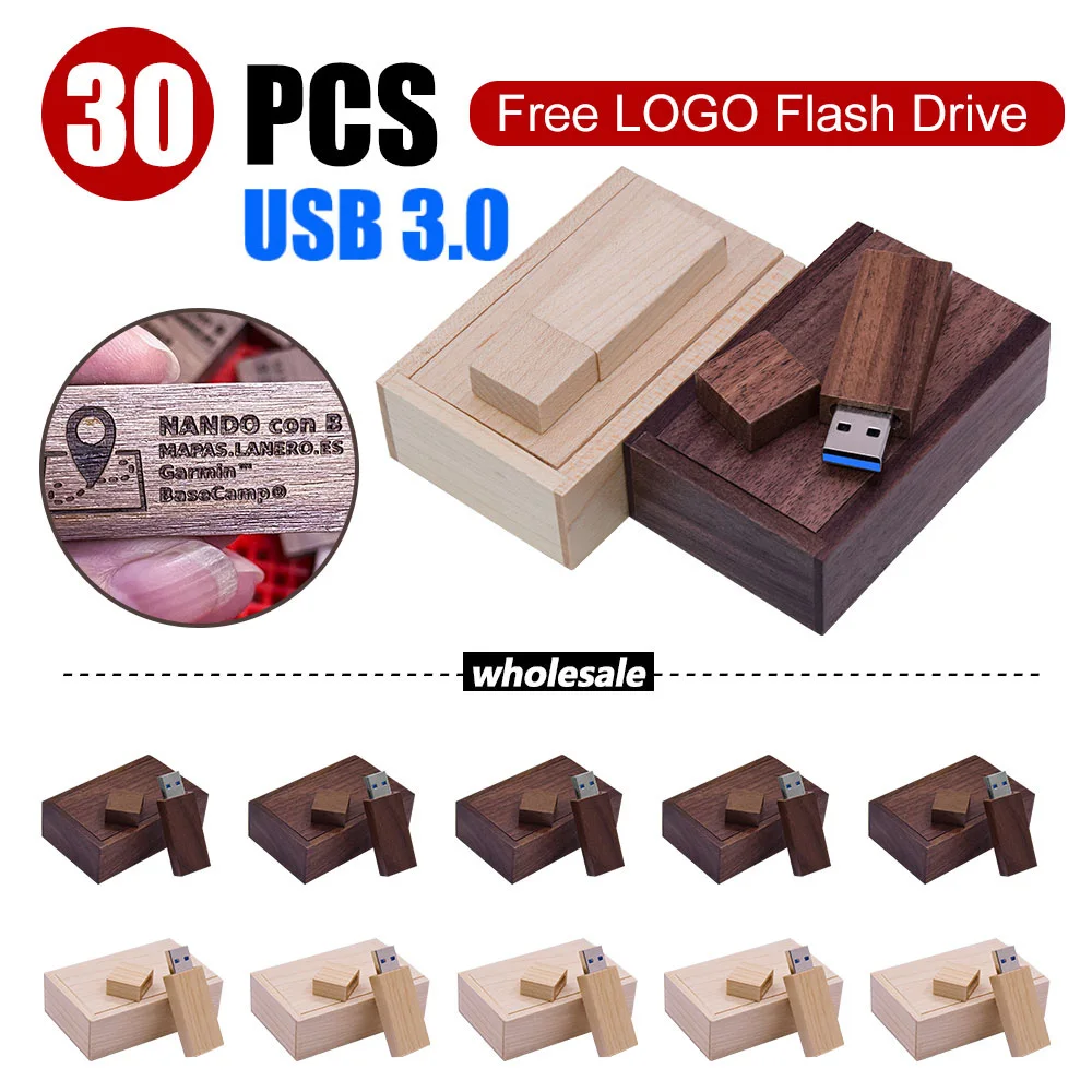 Clé USB en bois avec boîte, clé USB, photographie, logo client, cadeaux de mariage, 128G, 8 Go, 16 Go, 32 Go, 64 Go, 30 pièces, USB 3.0