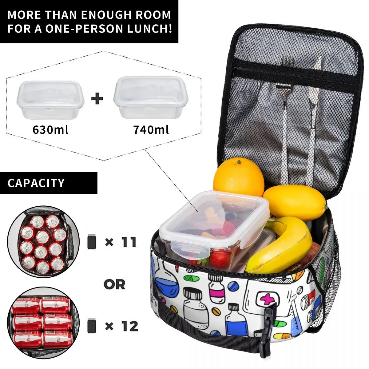 Borse per il pranzo isolate del fumetto della medicina medica chimica grandi borse termiche riutilizzabili Tote Lunch Box School Picnic Food Handbags