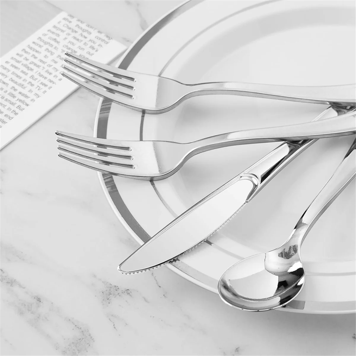Pre Rolled Silver Plastic Silverware Set,Pre Rolled Napkins with Silver Cutlery Set for Party,Birthday Silver