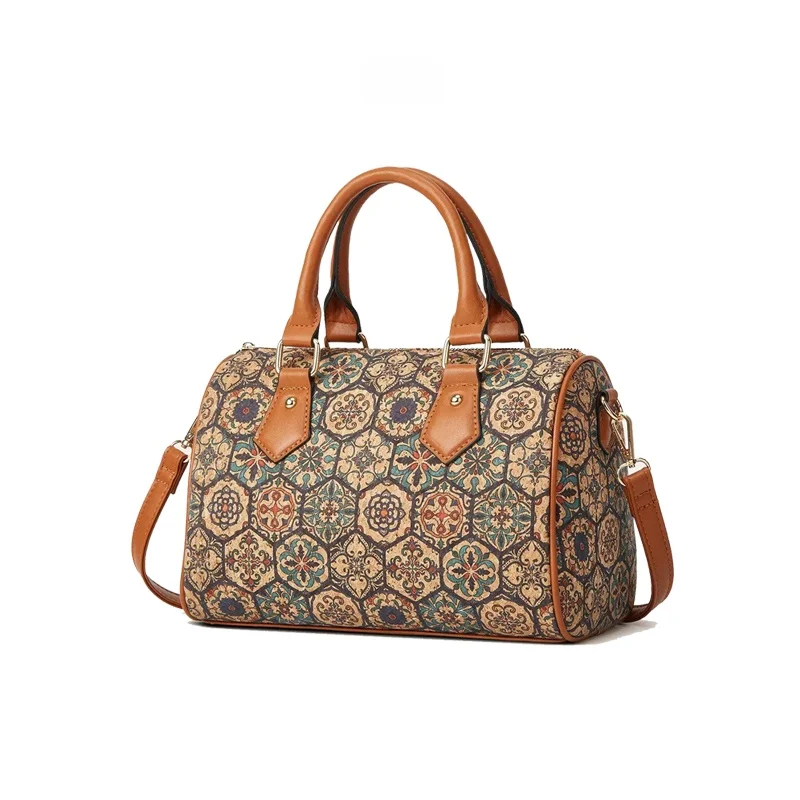 Retro Cork Treebark Printed Women's Handbag Shoulder Bag Boston Style Eco-friendly Soft Leather Medium Softness Geometric Pat...