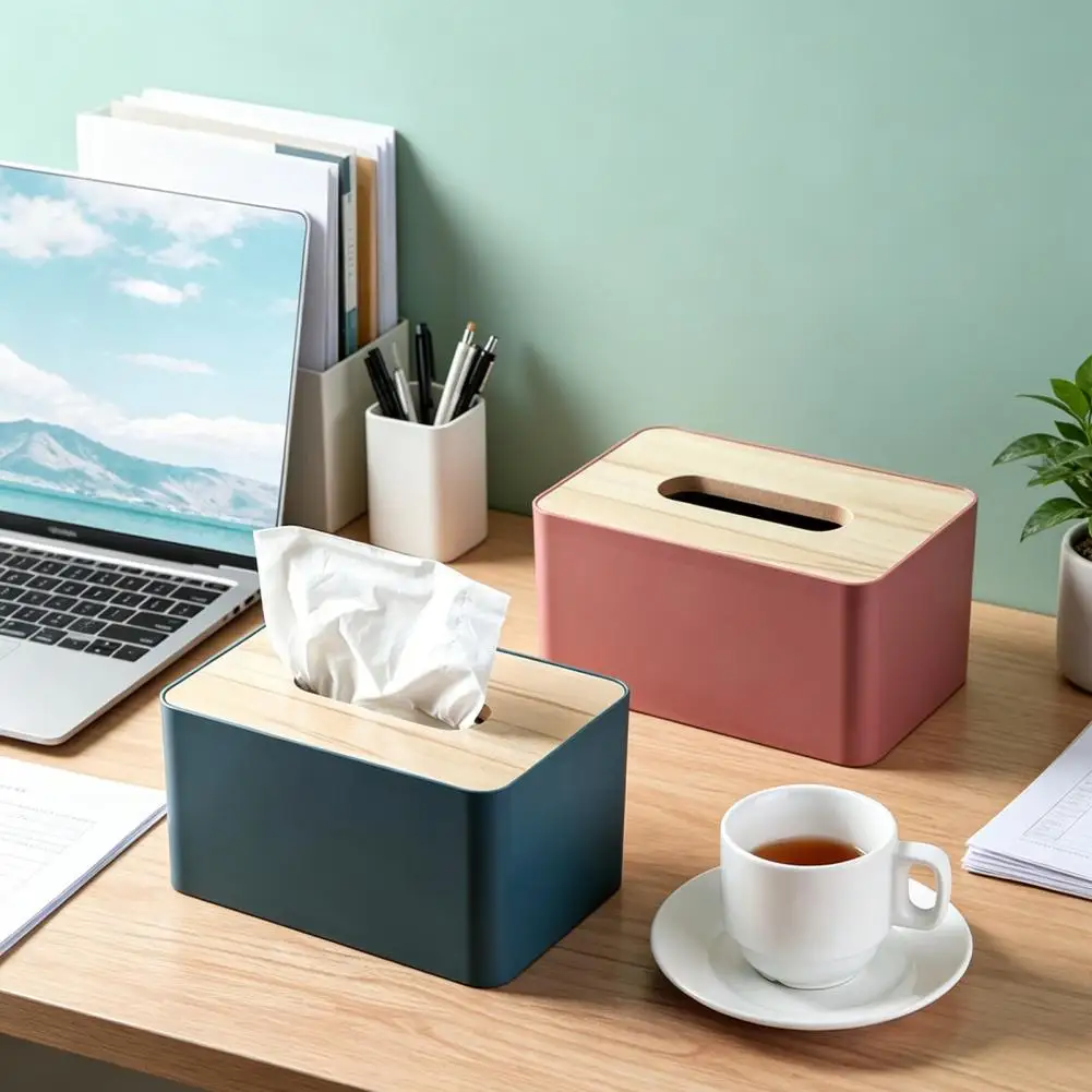 Plastic Tissue Holder Wooden Tissue Box Dispenser with Waterproof Lid Modern Solid Wood Cover Long Opening Design for Home