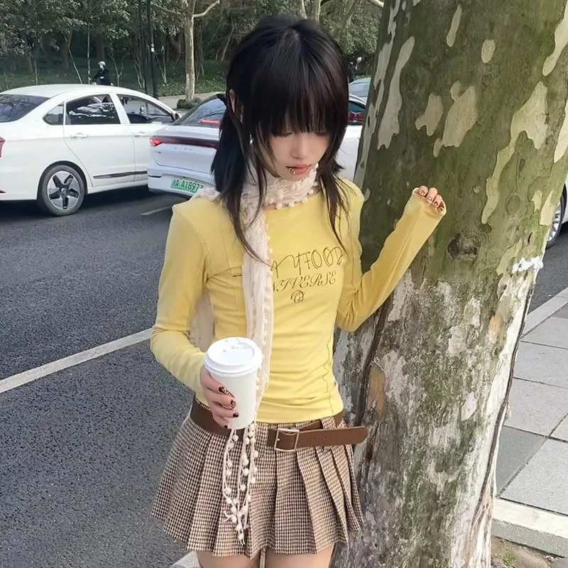 Karrram Japanese Y2k Letter Print T-shirt Vintage Harajuku Yellow Crop Top 2000s Style Aesthetics Long Sleeve T Shirt Fairycore