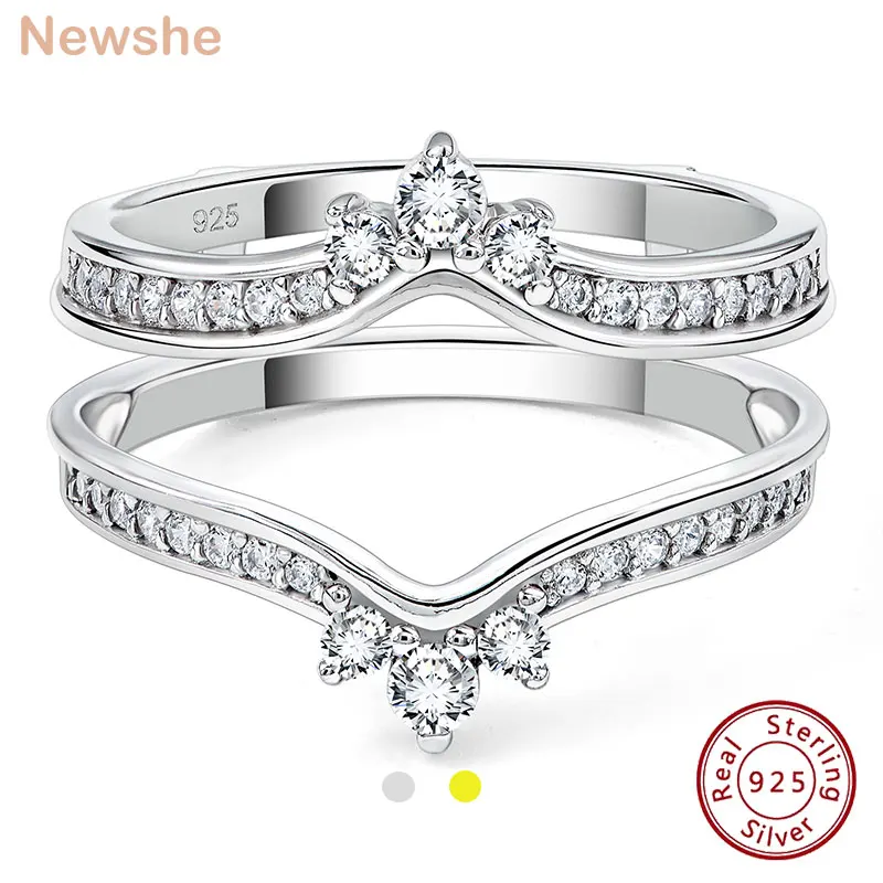 Newshe 925 Silver Yellow K Gold Crown Wedding Rings for Women Guard Enhancers Round Cubic Zirconia Adjustable Wrap Band