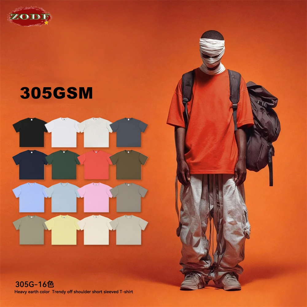 

ZODF Basic 2026 Spring Summer 305gsm T-Shirt For Man Unisex Oversized Off Shoulder Short Sleeve Cotton T Shirt Tees HY0001