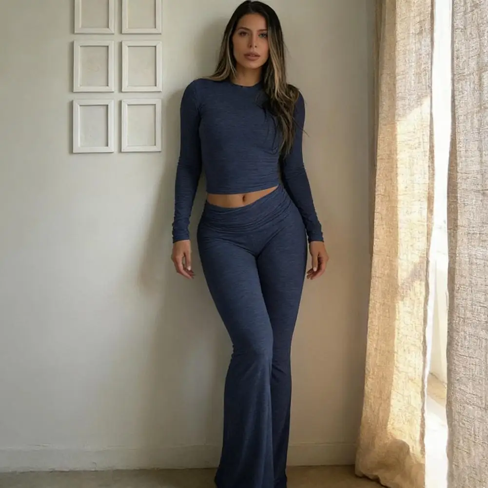 Fall Casual 2-Piece Lounge Set, Women Long Sleeve Crew Neck Crop Top And Ruched Low Waist Flared Pants Outfits