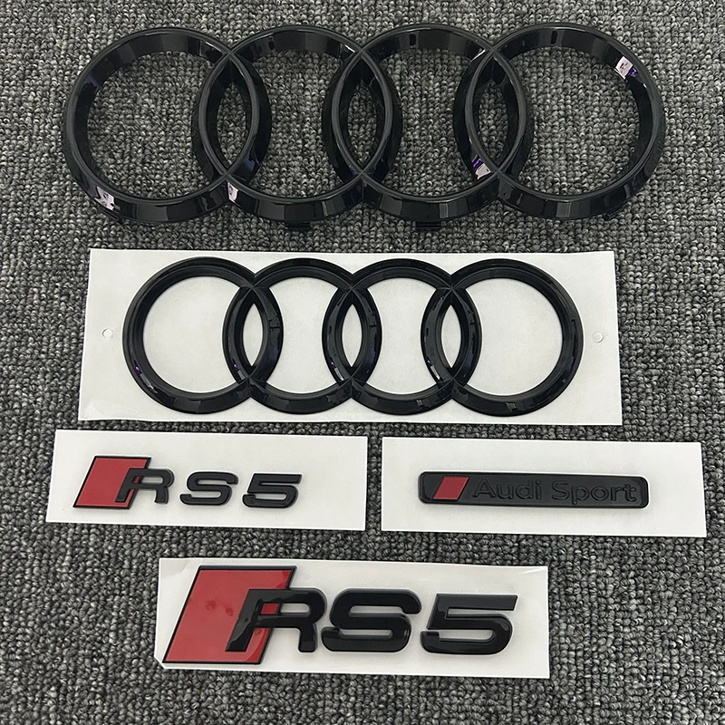 AUDI RS5 2016-2020 2PCS 4Ring logo ABS Black Car Hood Front Grill Emblem Rear Trunk Badge Sticker 2P RS5 1P AUDI Sport  Emblem