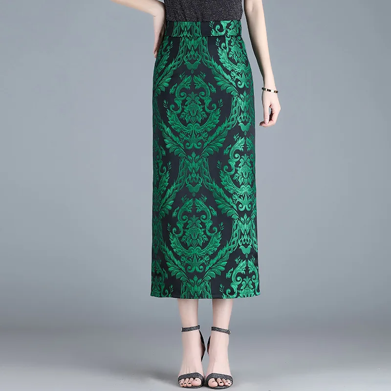 

Jacquard Straight Hip Skirt Thin Medium and Long Double Split Skirt Autumn Vintage Long Skirt for Women