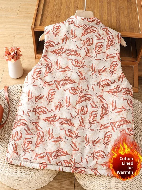 Rompi Katun Cetak Gaya Retro Cina Ukuran Besar Pakaian Wanita Kancing Kerah Tegak Jaket Musim Dingin