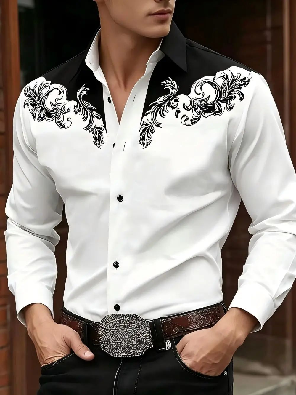 Men's long-sleeved shirt, retro western style, 3D printed, casual shirt, streetwear, men's clothing