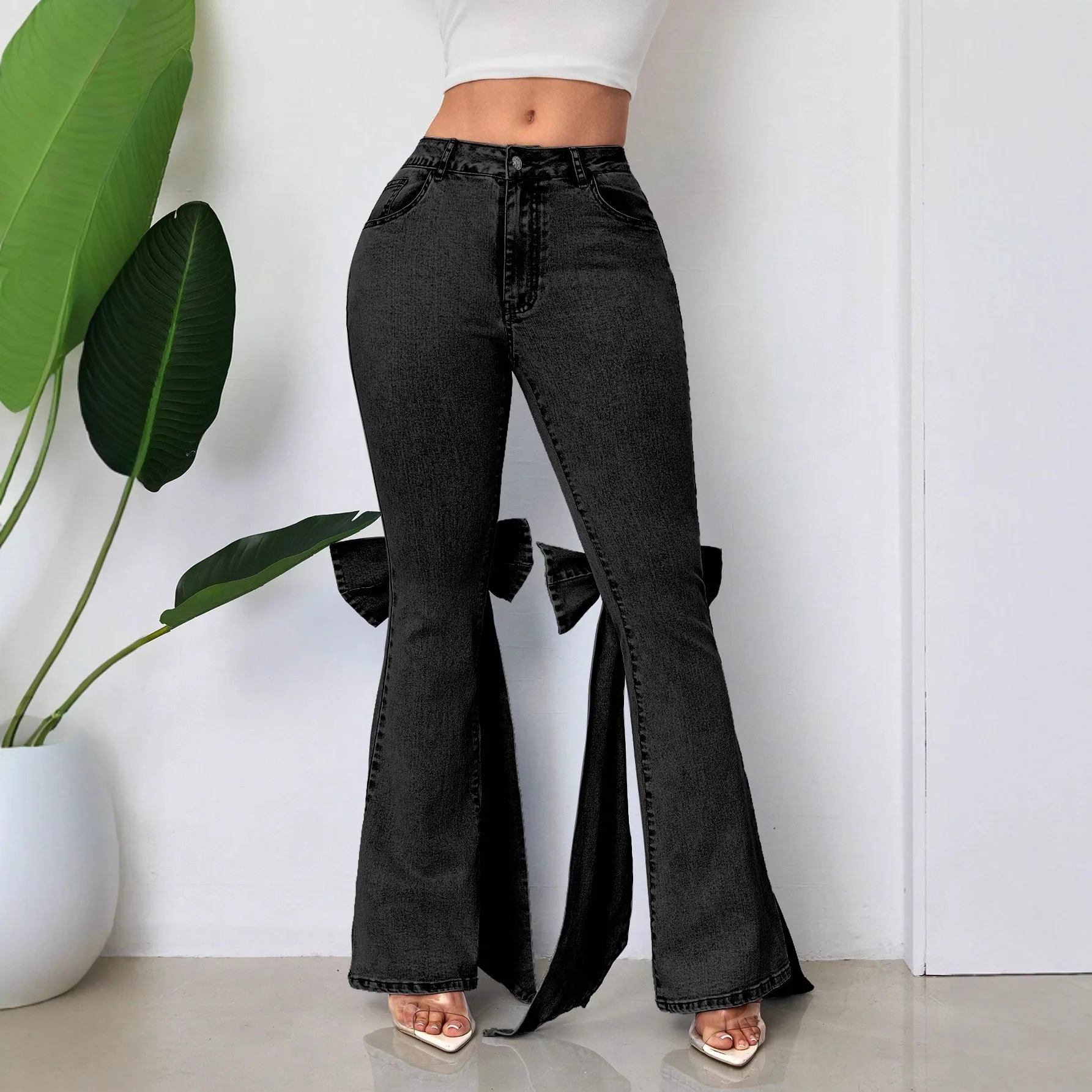 

Jeans Flare Pants Women Bow Floor Length Boot Cut Mid Waist Stretch Denims Trousers Distressed Washed Female Vintage Streetwear