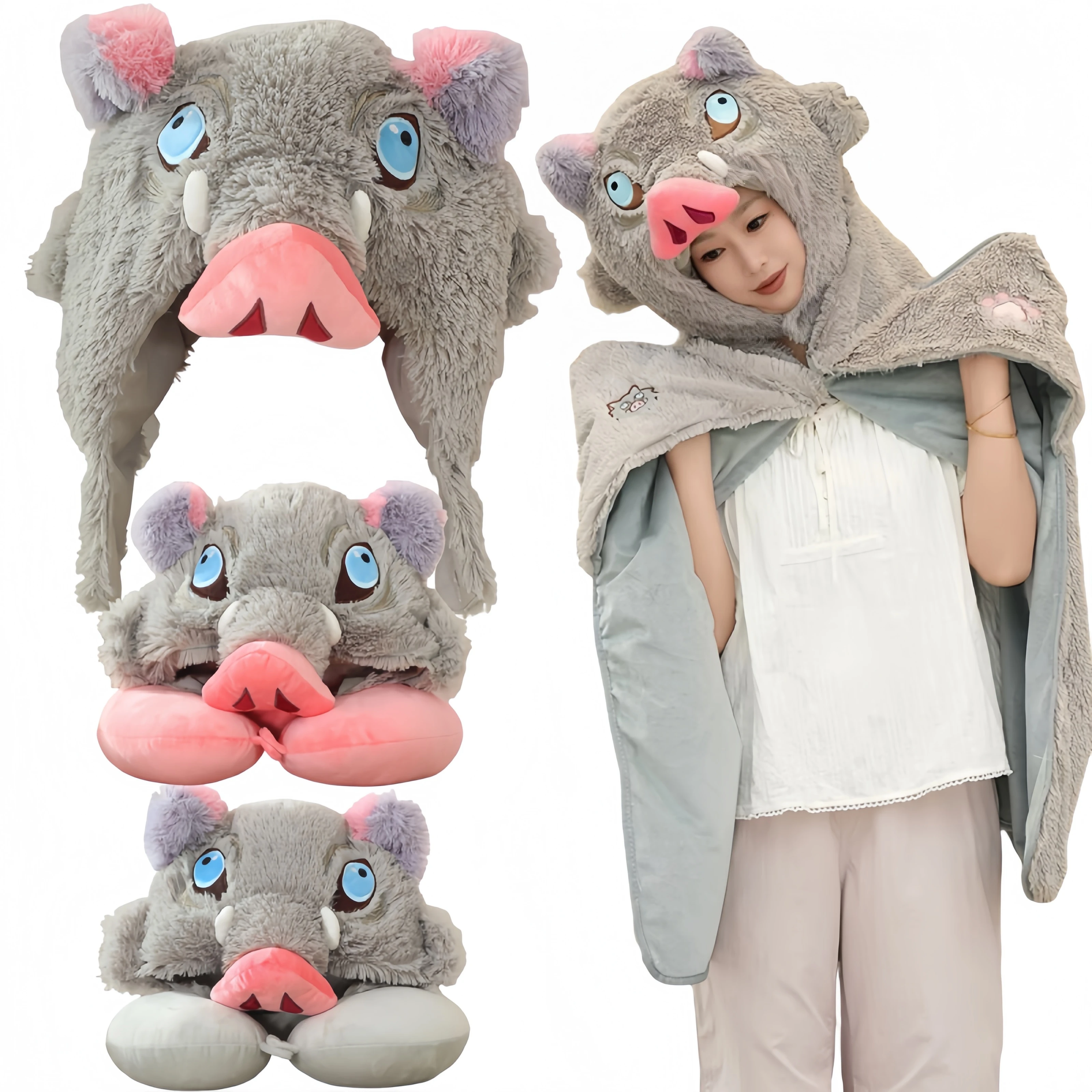 

Hashibira Inosuke Plush Hat Cloak Wild Boar Head U-shaped Hooded Neck Pillow Cosplay Props Travel Blackout Pillow