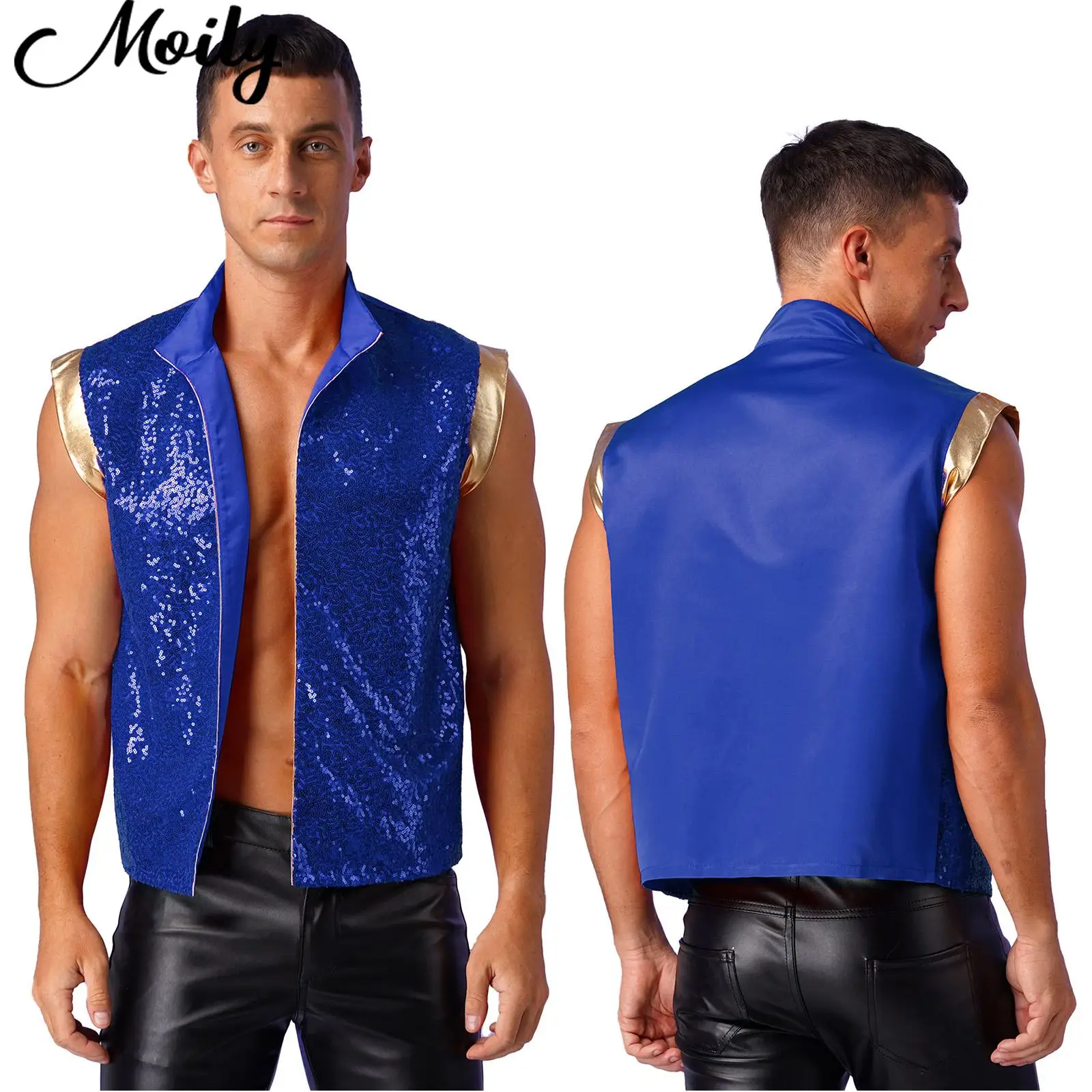 Mens Halloween Arabian Prince Vest Sparkly Sequin Open Front Metallic Patchwork Waistcoat Indian Arabian Cosplay Costumes