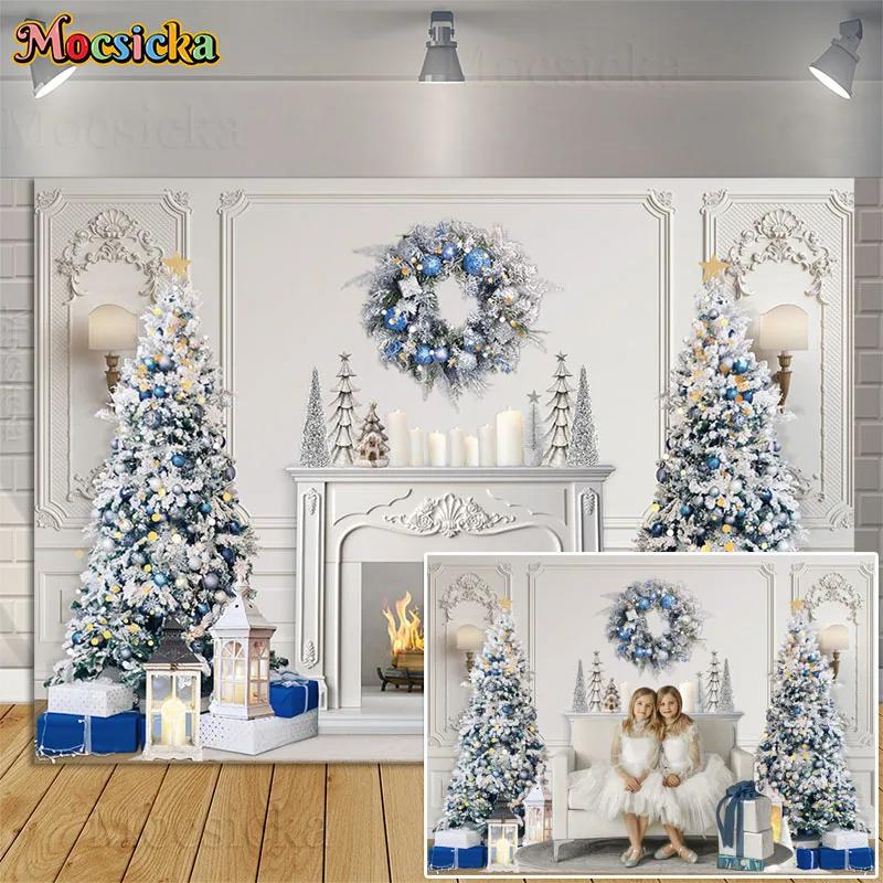 

White Christmas Fireplace Backdrops Kids Birthday Portrait Photography Props Xmas Tree Blue Gift Winter Family Photo Background