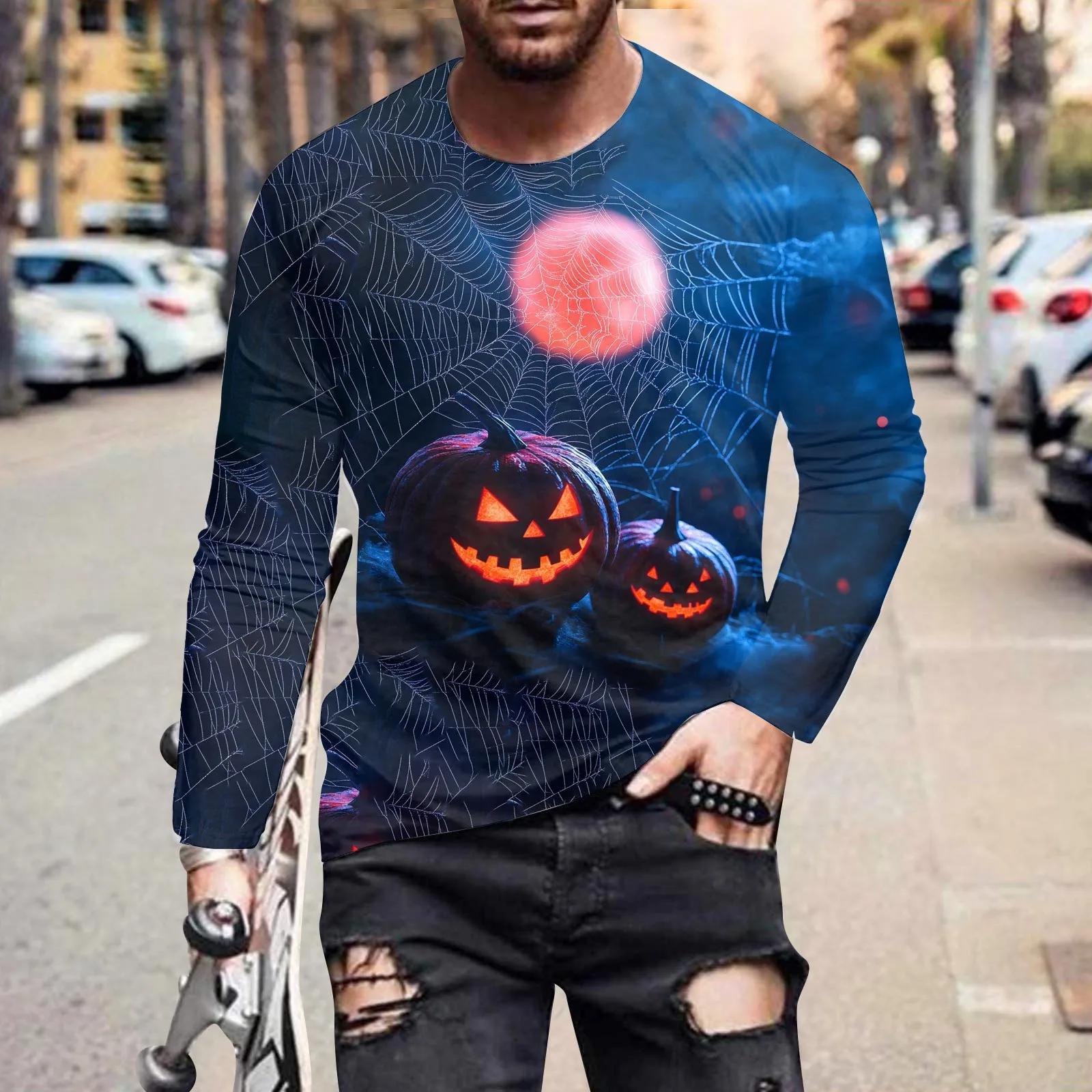 

Fashion Halloween Spider Web Pumpkin Pattern 3D Print Men's Long Sleeve T-shirt Autumn Casual Loose Pullover Street Harajuku Top