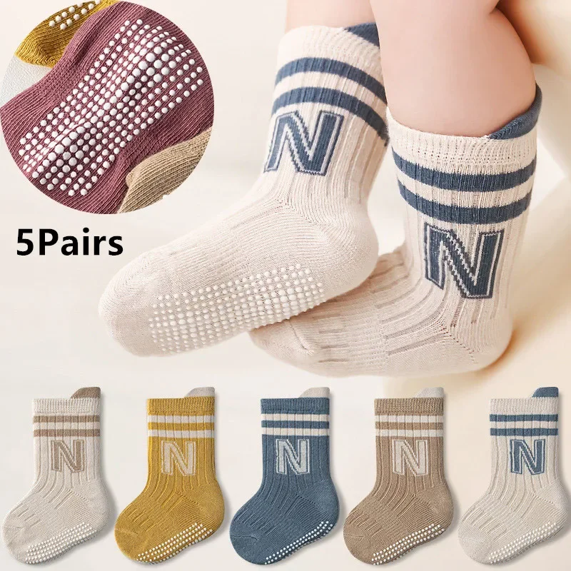 5 pares listra bonito meias do bebê carta meias de malha de algodão macio crianças longas joelho meias altas infantil da criança do bebê meninos meninas
