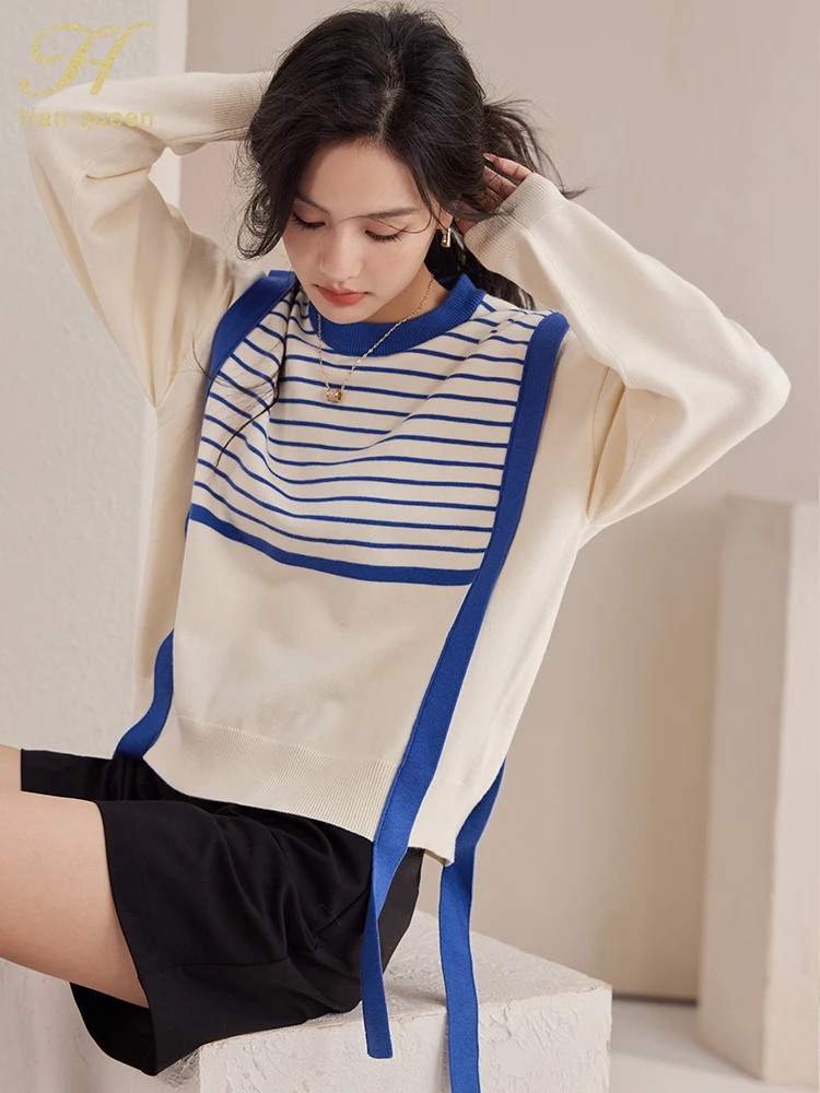 H Han Queen Korean pullovers sweater female autumn winter chic stitching stripes knitwear lazy wind vintage tops Women sweaters