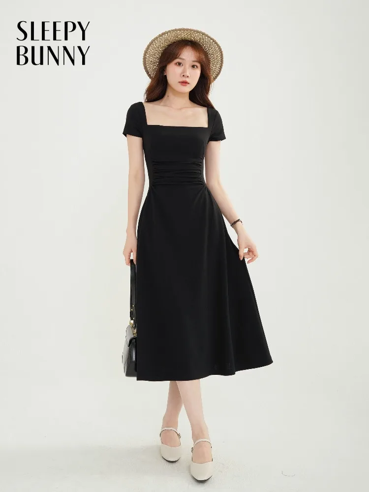 

Elegant Classic Square Neck Black Dress Women Short Sleeve A-Line Little Black Dress High Waist Pleated Outfit Hepburn Style