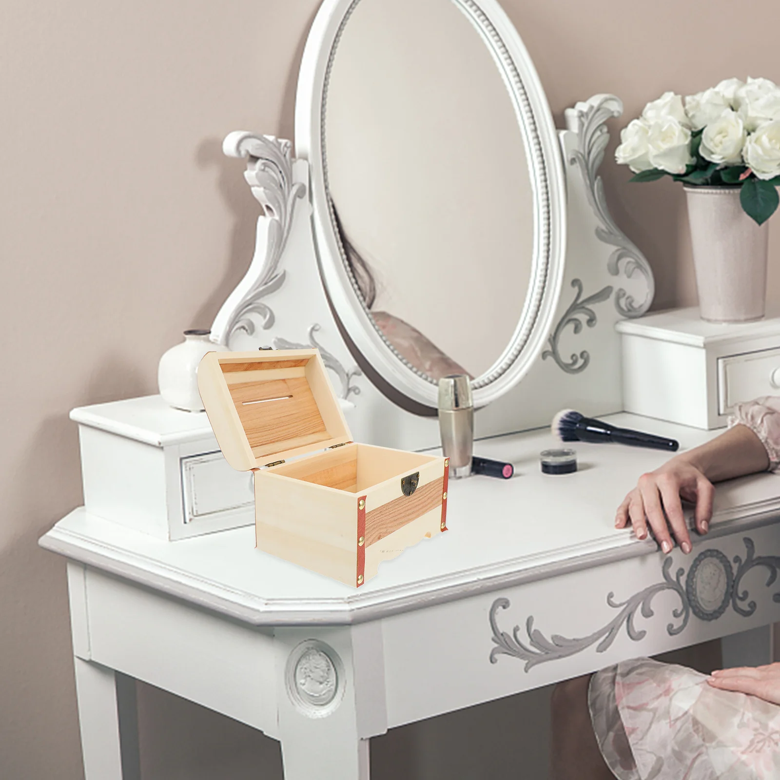 

Wooden Retro Storage Box Lock Decorative Vintage Style Case Piggy Bank Jewelry Organizer for Kids Storage Box with Lock