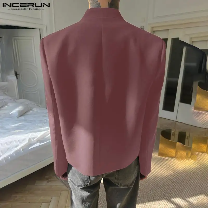 INCERUN Men Blazer Solid Color Stand Collar Long Sleeve Button Casual Male Suits Streetwear 2024 Autumn Fashion Thin Coats Men