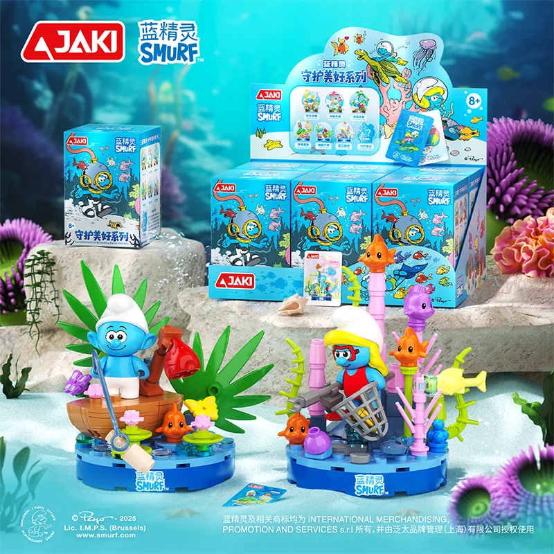 Caja ciega de la serie Smurfs, bloques de construcción, modelo de escena de paisaje oceánico Natural, adornos de escritorio, rompecabezas para niños, juguetes DIY, regalo sorpresa