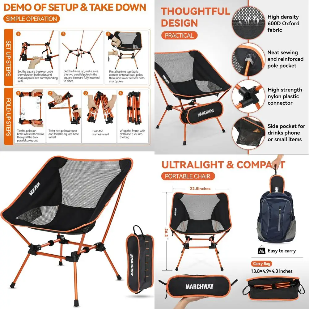 

Portable Heavy-Duty Camping Chair - Compact, Lightweight for Outdoors, Beach, Picnic, Hiking (Orange)
