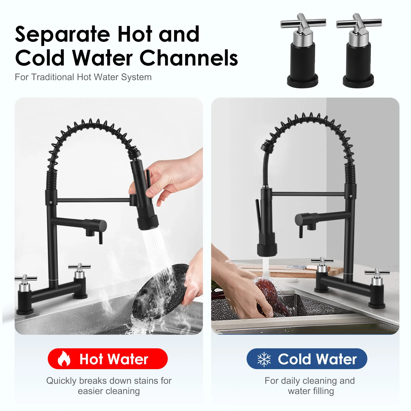 360 ° Rotating Dual Control Rust Proof Metal Dual Handle Dual Outlet Kitchen Faucet  Equipped High-quality Ceramic Valve Core