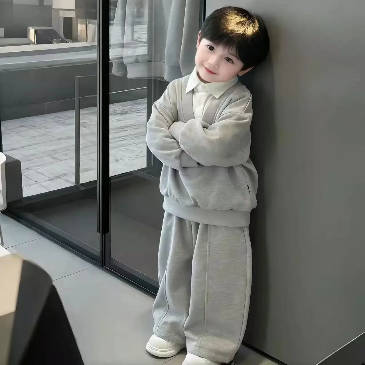 

Boys Korean Cotton Sports Shirt Collar Set Spring Autumn 2026 New Children's Boys Fashion Fake Two Piece Top+ Pants 2pcs Set