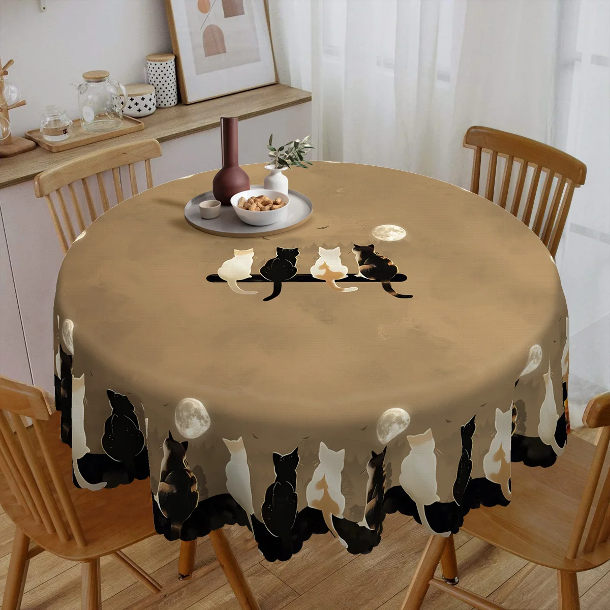 1 Piece, Cat Back Moon Tablecloth + 4 Self-Adhesive, Cute Cat and Moon Pattern, Warm Atmosphere at Night, Round/Rectangular Tablecloth for Home, Kitchen Decoration, Spring Outdoor Garden, Holiday Party, Restaurant Banquet Decoration-Oo-016