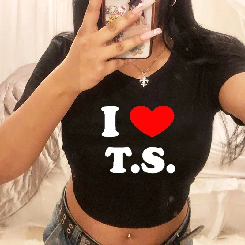 Camisetas recortadas أنا أحب T S para mujercamiseta de manga corta a la moda de verano ropa Y2k camiseta Harajuku para beb