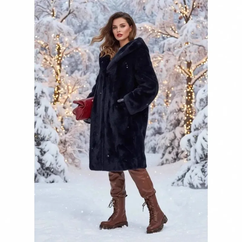 Women's mixed fur and woolen coat with long hooded overcoat