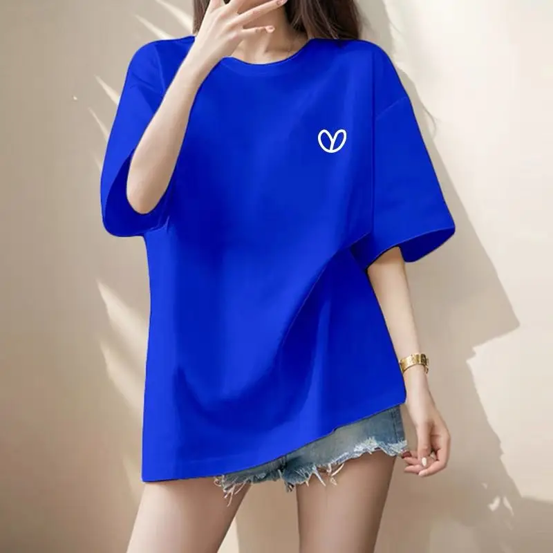Women's Clothing Vintage All-match Pure Cotton Short Sleeve T-shirts Summer Casual Loose Chic Little Love Top Tee Lady Pullovers