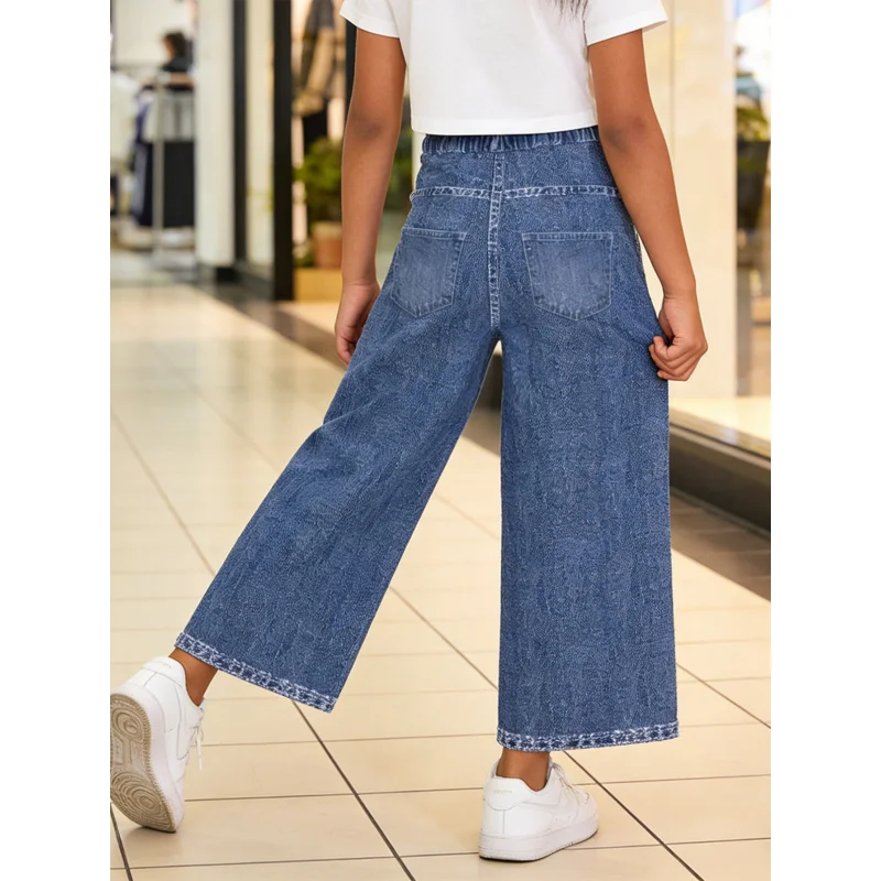 2026Children's Blue Simulated Denim Star Ripped Straight Pants