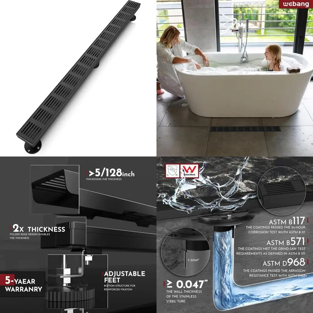 

Rectangular 36 Inch Stainless Steel Linear Shower Floor Drain with Removable Fence Pattern Cover and Accessories for Enhanced Dr