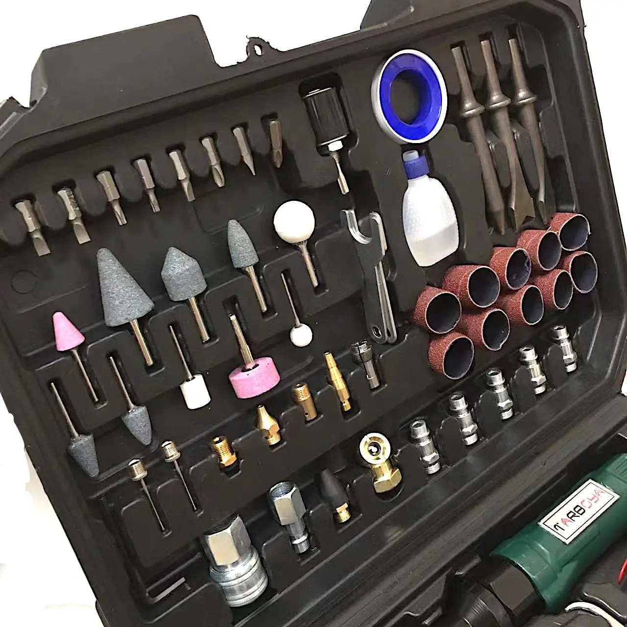 Tool Set includes air blow gun, tire inflator, plus sockets, screwdriver bits, chisels, grinding stones, sports needle and more.