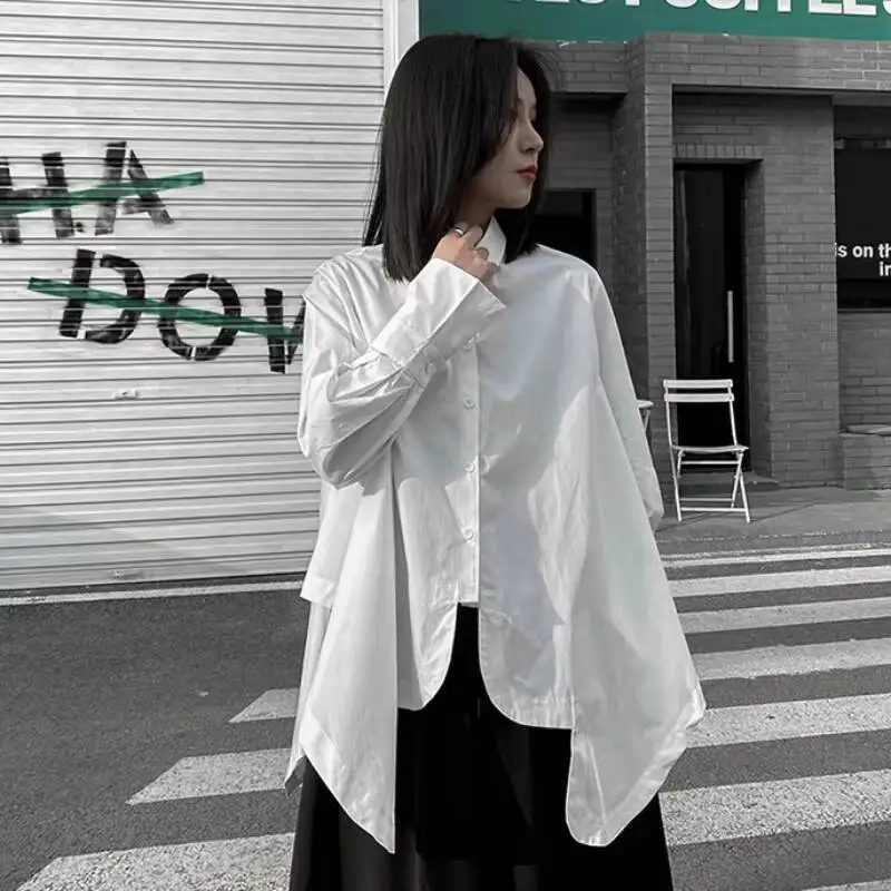 السيدات طويلة الأكمام قميص الربيع والخريف موضة جديدة الاتجاه غير المتماثلة تنحنح تصميم الترفيه فضفاضة كبيرة الحجم قميص طويل الأكمام