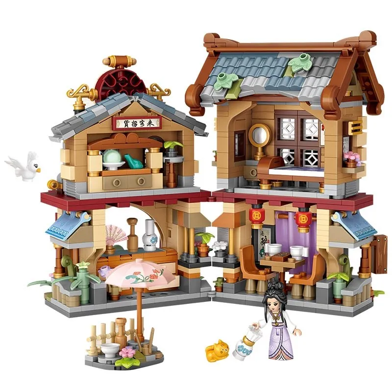 LOZ small particles assembled and folded street view station grocery store puzzle fashion play China Street Chinese style