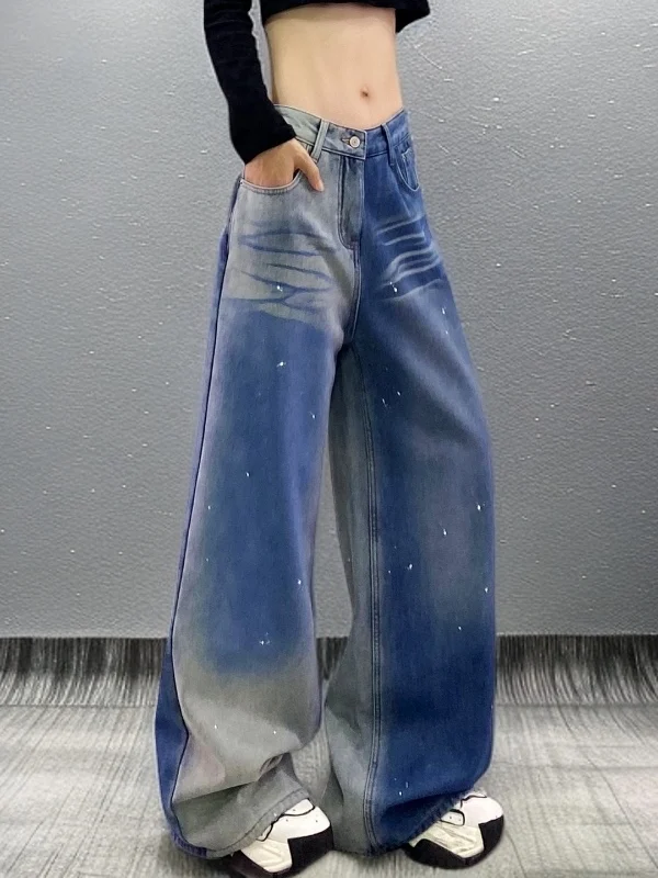 

Faionable adient Color High Waist Wide Leg Jeans Women's Casual Sle Multi ket High Waist Loose Fit Straight Leg Pants