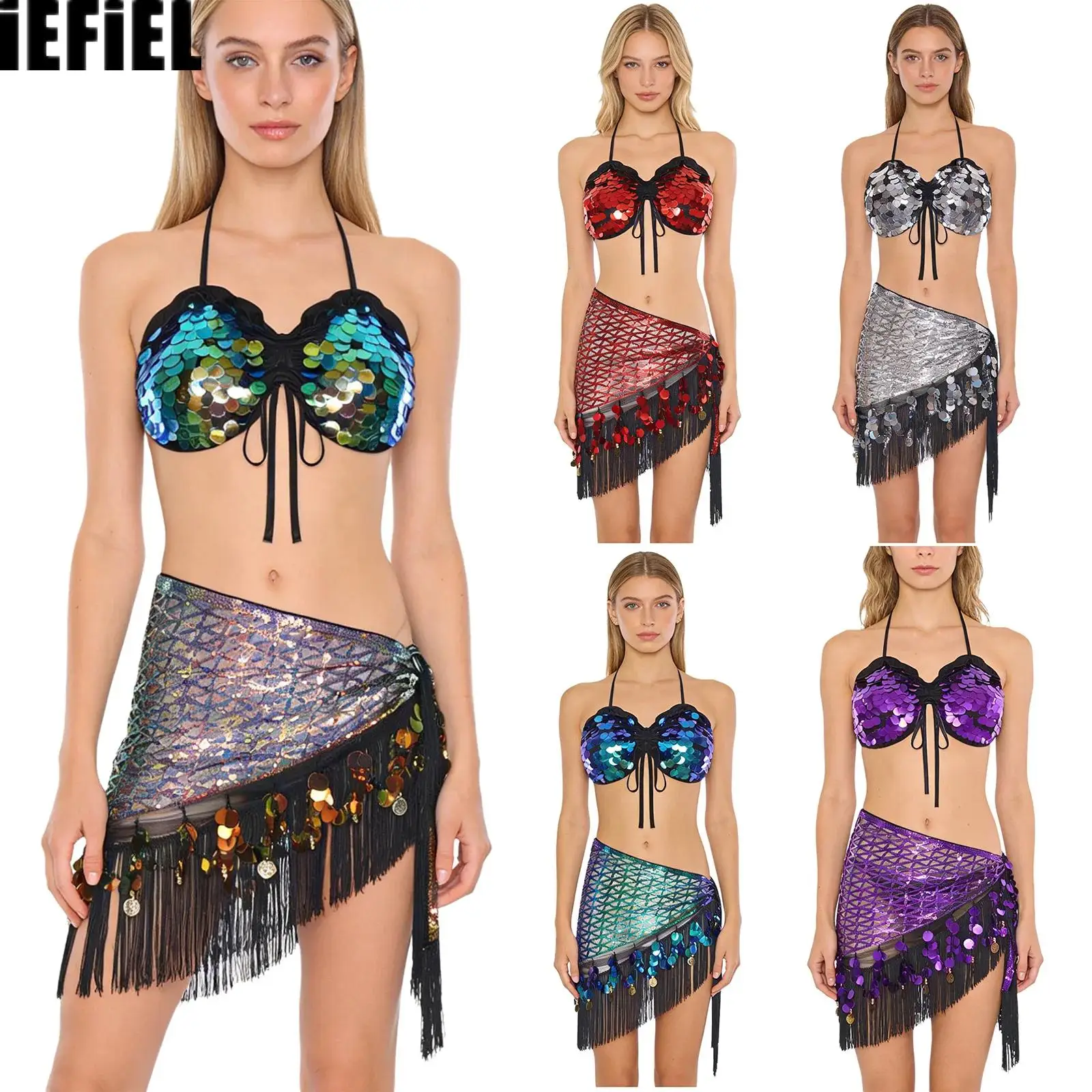 

Womens Shiny Sequin Belly Dance Outfits Halter Lace-up Crop Top And Sequin Tassel Triangle Hip Scarf Waist Chain Hip Wrap