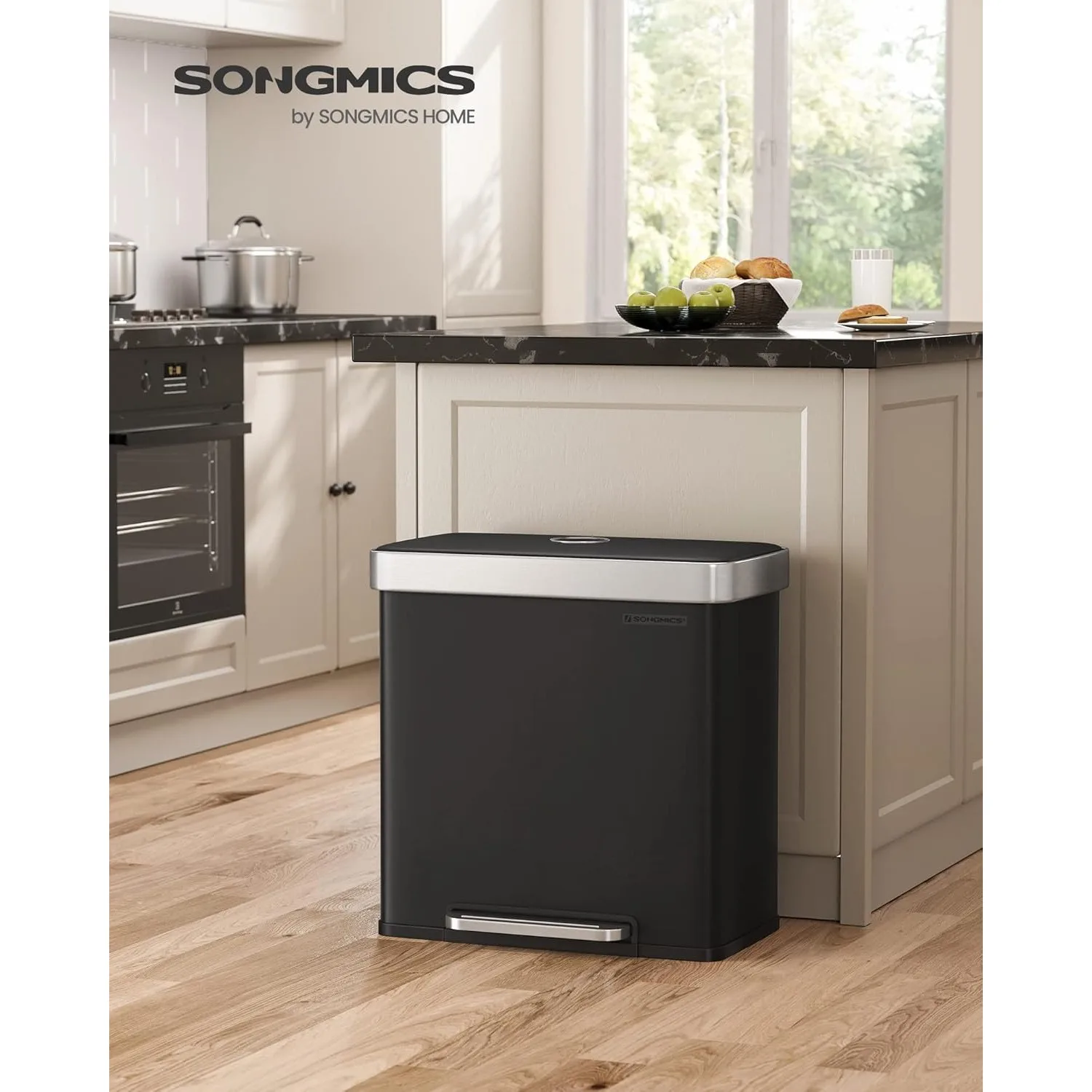 SONGMICS Kitchen Trash Can, 16 Gallon (2 x 8 Gallon) Dual Compartment Garbage Can, 60L Pedal Recycling Bin,Stainless Steel