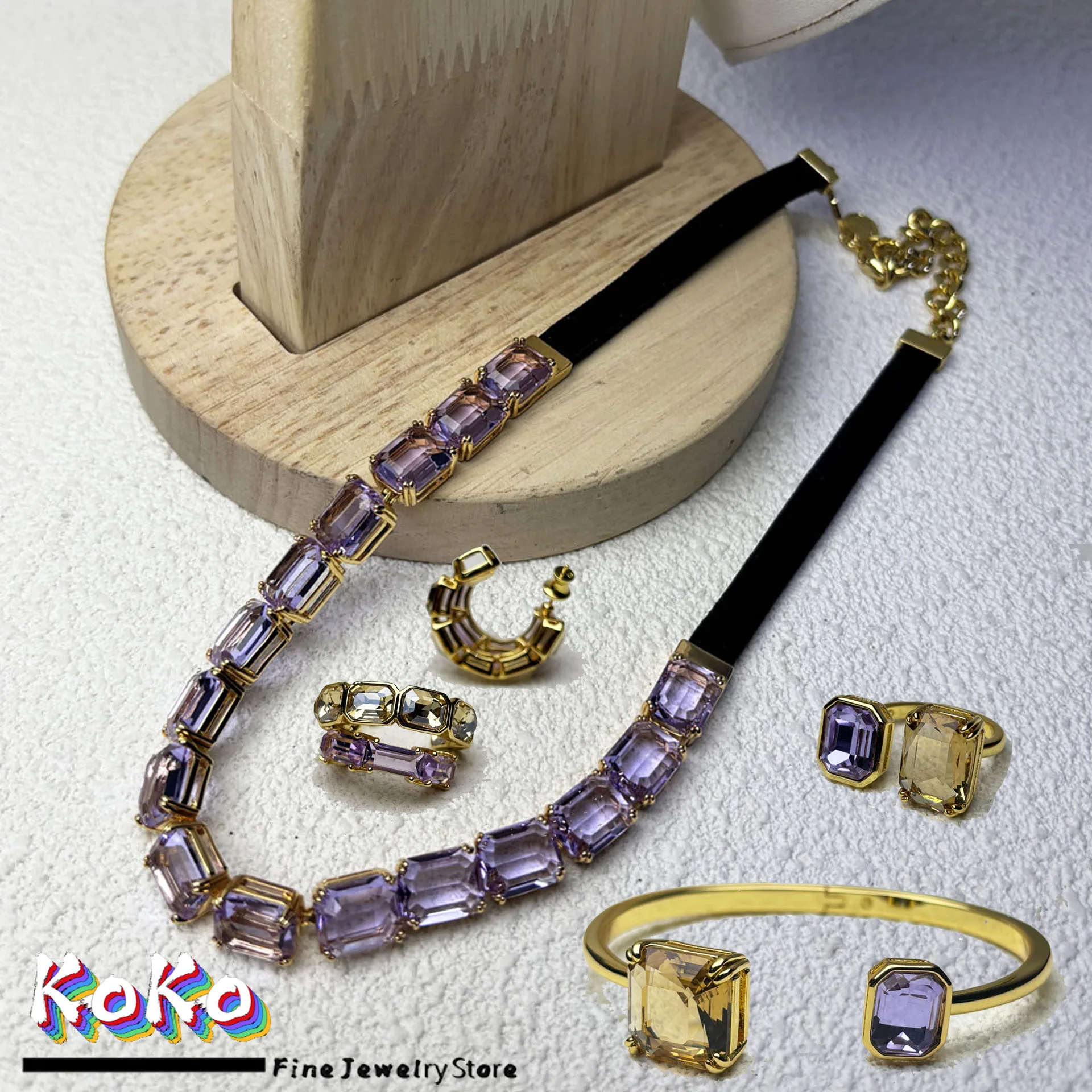 

Original Charms Fine Jewelry Set Women Several Purple Zircon Crystal Necklace Bracelet Earrings Stainless Steel Romantic Gift
