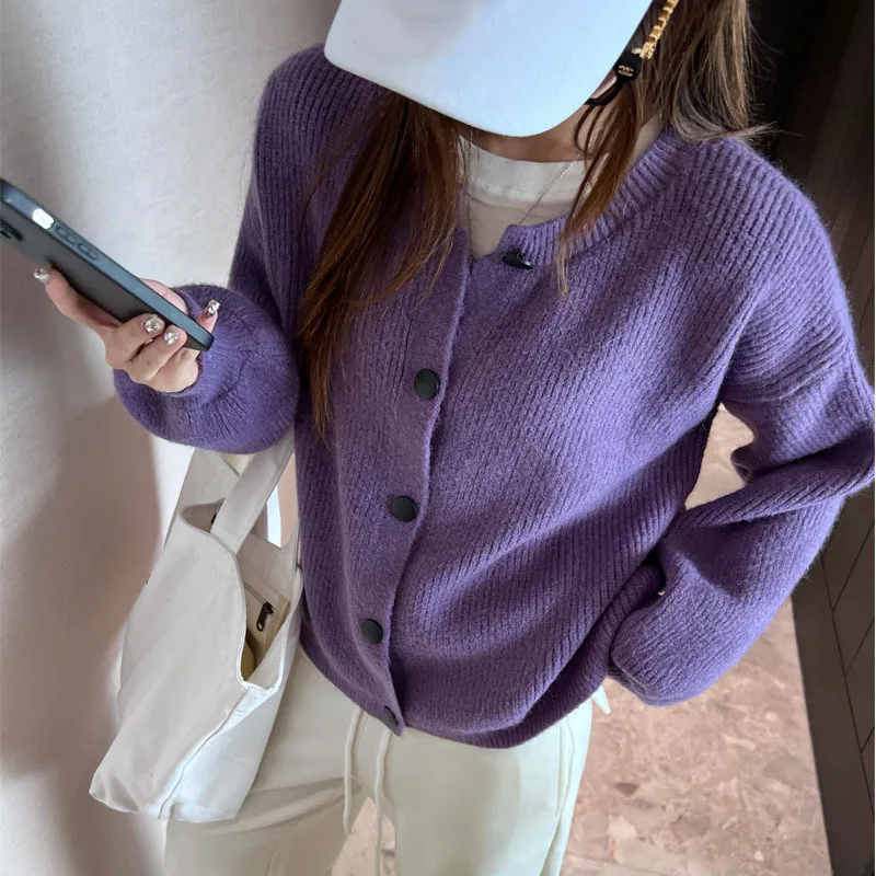 Fall Winter New Thicken Women Knitted Cardigan Versatile Round Collar Single-breasted Sweater Solid Casual Cardigan Sweaters