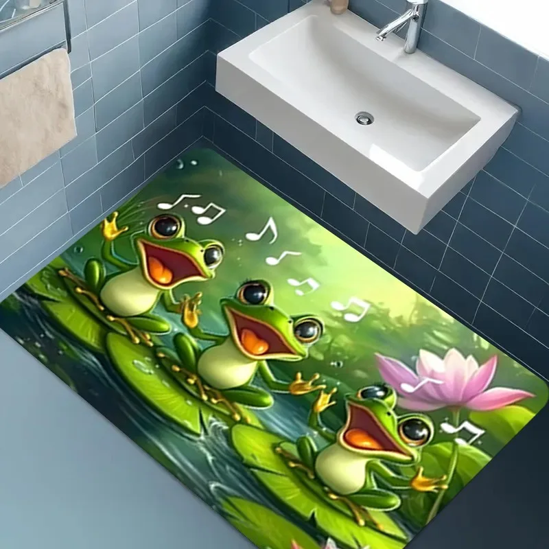 Frog Cartoon Printed Flannel Rug Bathroom Mat Kids Design Musical Theme Home Decor Toilet Floor Mat Fun Animal Pattern Entryway