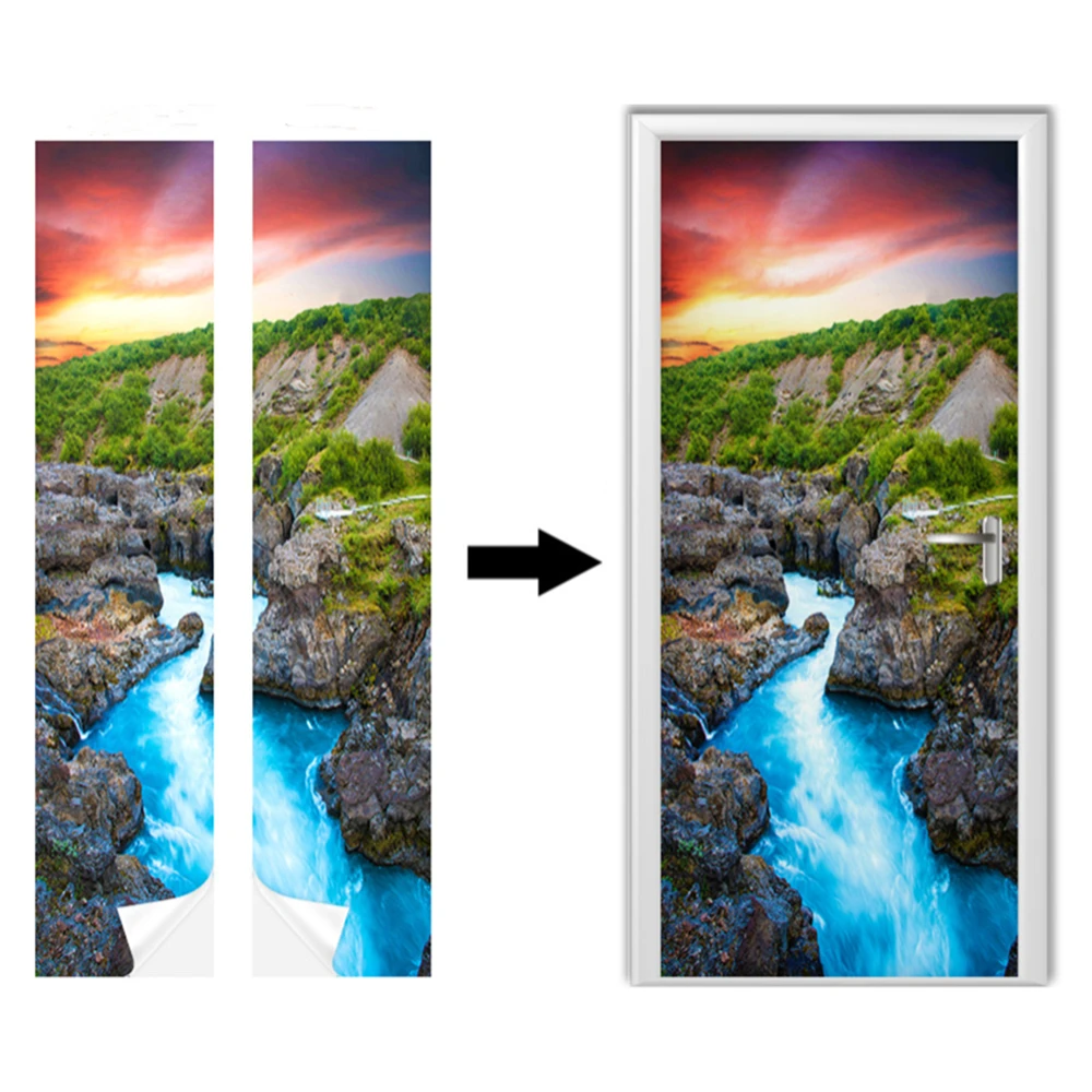 3D Canyon Stream Sunset Landscape Door Stickers, Self Adhesive Removable Vinyl Mural Wallpaper for Bedroom Living Room DIY Decor