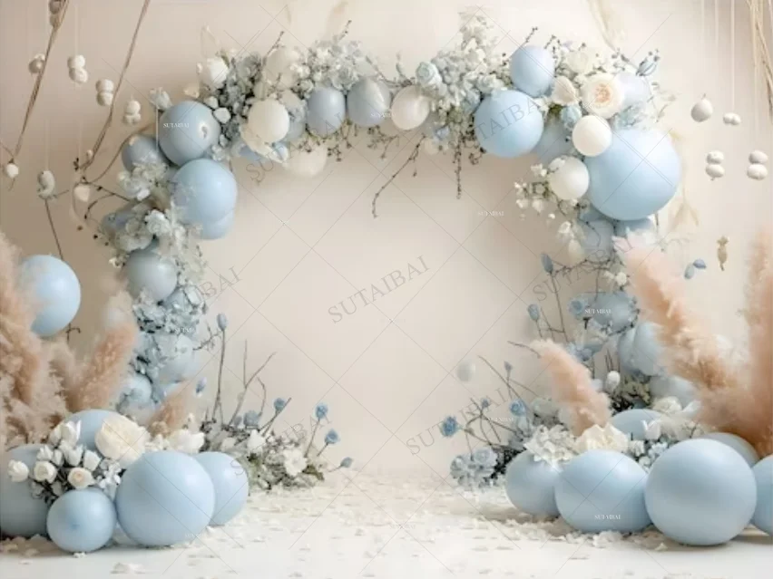 Photography Background White Room Blue Blooms Balloons Cake Smash Birthday Party Dounts Portrait Decor Backdrop Photo Studio