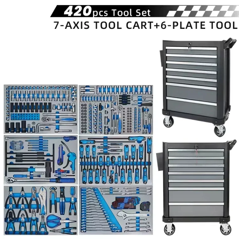 Factory Direct 420 Pcs Rolling Tool Sets Stainless Steel 7-Drawer Workshop Tool Cart Tool Cabinets Direct Supply