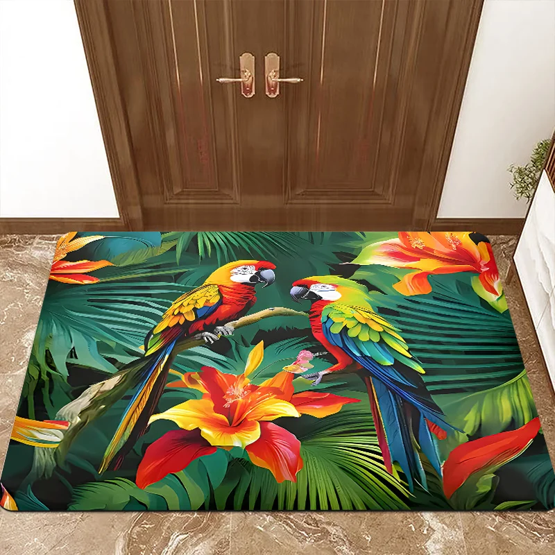 Vibrant Tropical Parrot & Floral Welcome Mat – Soft,, Non-Slip Polyester Mat for Indoor/Outdoor Use – Perfect for Living Room,