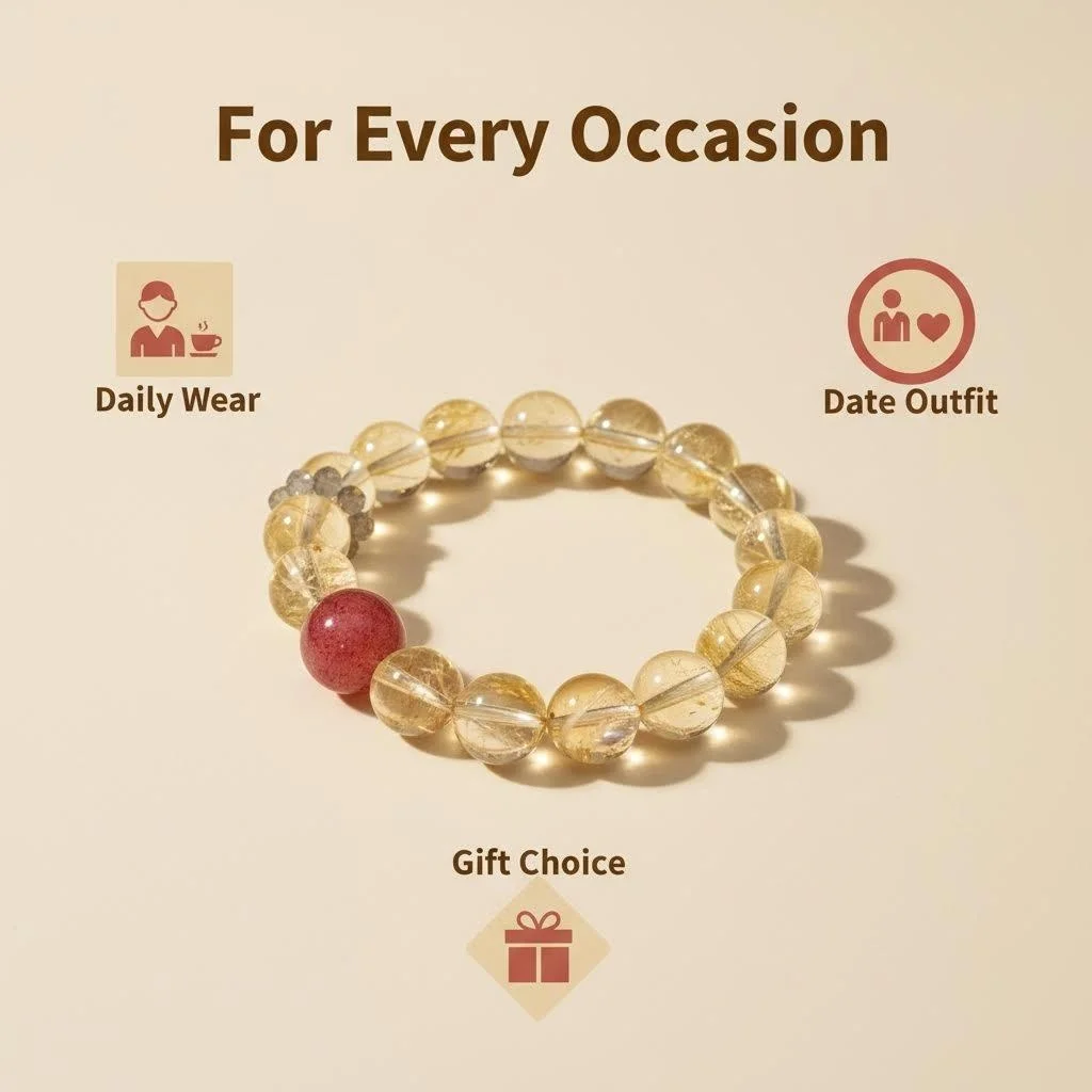 

ANNIE WU Natural Citrine Rutilated Quartz Strawberry Quartz Beaded Bracelet Healing Crystal Jewelry Gift for Women